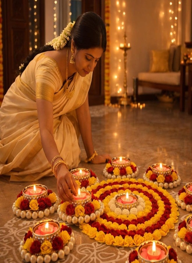 AGAAS ENTERPRISES Beautiful Set of 9 Beautiful Diwali Decoration Flower Design Metalic Diya/Tea Light Candle Holder Floor Rangoli Festival Decor Home Decoration - Image 2